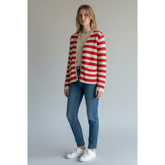A New Day Womens XS Red White Striped Knit Cardigan Sweater Gold Button Pockets - Picture 1 of 9